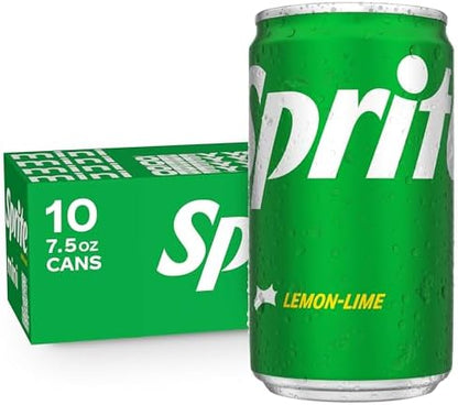 Ten mini cans of Sprite Lemon-Lime Soda, 7.5 fl oz each, shown in a 10-pack, featuring bright green and yellow branding.