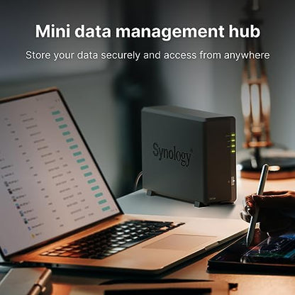 Synology DS124 1-bay diskless NAS for personal backup, file sharing, photo storage, and home surveillance security.