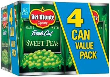 Canned Del Monte sweet peas in a 15-ounce can, fresh cut and green, packed in a four-pack for easy use.