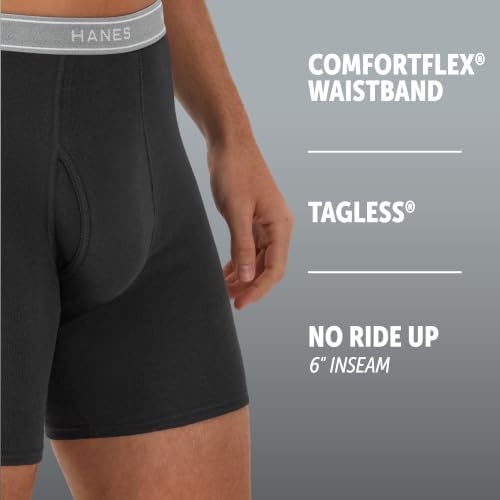 Hanes men's boxer briefs pack with breathable cotton fabric, moisture-wicking underwear designed for comfort and no ride-up fit.