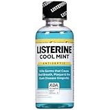 Listerine Cool Mint travel mouthwash in 3.2 oz bottle, antiseptic oral care for fresh breath and oral hygiene.