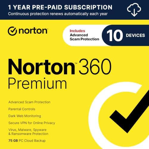 Norton 360 Premium 2027 antivirus software download for 10 devices, with auto-renewal feature and secure protection.