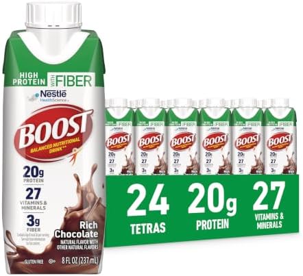 BOOST High Protein with Fiber Chocolate nutritional shake in 24-pack, showing a glass filled with the chocolate-flavored protein shake.