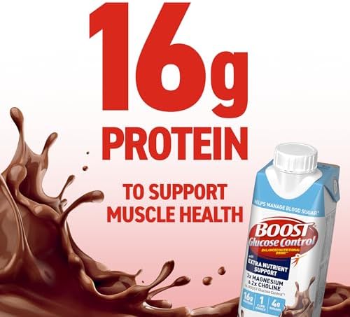BOOST Glucose Control Protein Drink with extra nutrients, rich chocolate flavor in 8 oz bottles, pack of 48