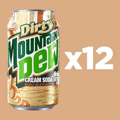 12-pack of Mountain Dew Dirty Dew 12oz cans, full sugar soda soft drinks, crisp and refreshing Mountain Dew beverage