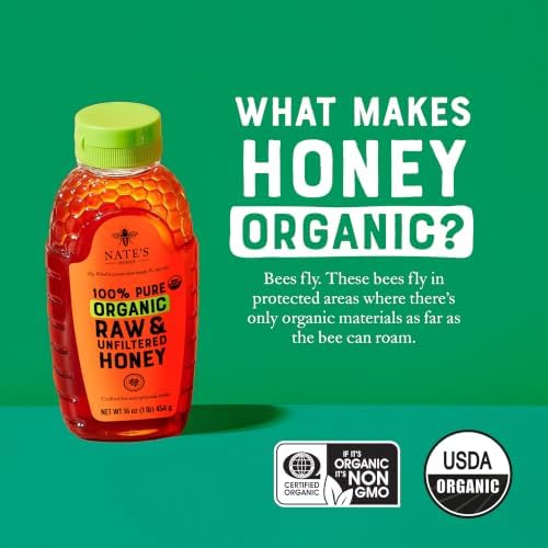 Organic honey in a 16oz squeeze bottle from Nate's Honey, golden honey with a smooth, natural texture and clear labeling.