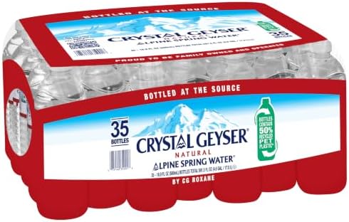 Crystal Geyser bottled spring water, 16.9 oz per bottle, pack of 35, showing clear water and sealed caps.