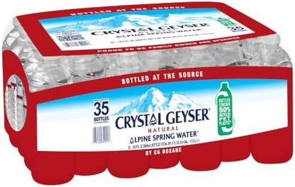 Crystal Geyser bottled spring water, 16.9 oz per bottle, pack of 35, showing clear water and sealed caps.