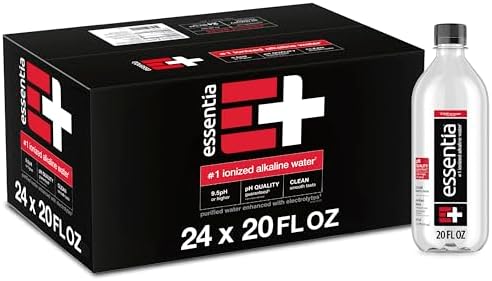 Essentia Ionized Alkaline Water with 9.5+ pH in 20oz bottles, 24-pack, featuring clear bottles and fresh water inside