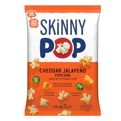 BackUPMYFILESNOW® SkinnyPop white cheddar popcorn in an 8 oz bag, gluten-free whole grain snack with cheesy flavor.