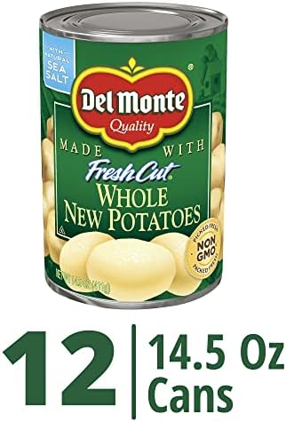 Canned whole fresh cut potatoes in 14.5 oz cans by Del Monte, packaged in a 12-pack for convenient vegetable storage.