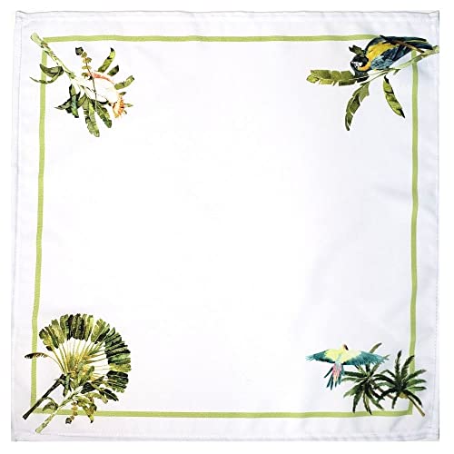 Set of four green Maison Charlo synthetic cloth napkins featuring Brazilian Parrot design, 16x16 inches for elegant dining.