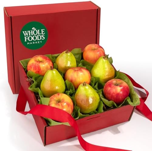 Organic fruit gift basket with Honeycrisp apples and green D’Anjou pears, hand-packed and tied with ribbon, by A Gift Inside.