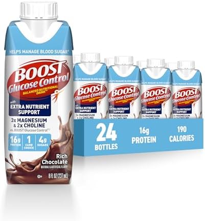 BOOST Glucose Control chocolate protein drink in 8 fl oz bottle, ready-to-drink nutritional beverage with a chocolate flavor.