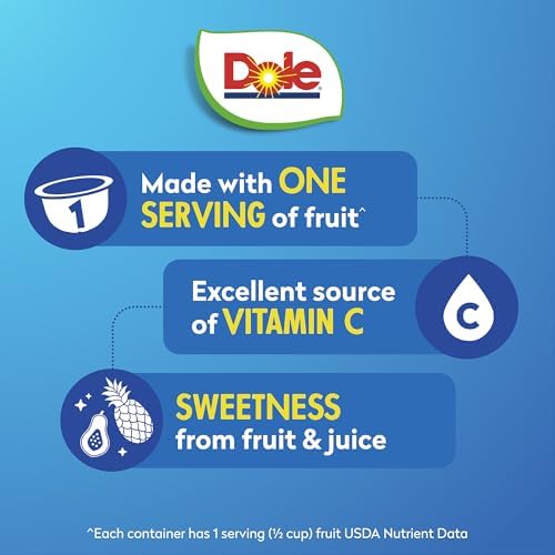 Canned Dole pineapple tidbits and tropical fruit in 4 oz bowls, 12-pack, showcasing colorful tropical fruit pieces in syrup