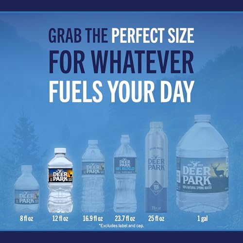 Deer Park natural spring bottled water in 12 oz bottles, 12-pack, clear plastic bottles with blue caps and Deer Park label.