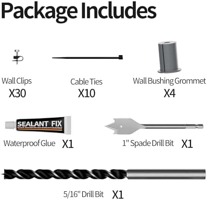 EAZUSE Starlink Cable Routing Kit with wall pass-through grommet, wire clips, and mounting hardware for Starlink Gen 2/3 dish installation
