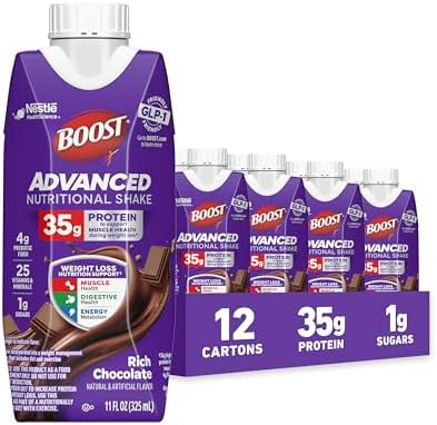 BOOST Advanced Nutritional Protein Shake in chocolate flavor, 12-11 fl oz cartons, creamy beverage with chocolate flavor and nutritional benefits.