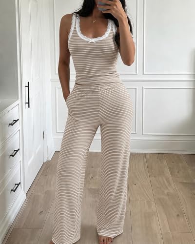 CHICME women's two-piece striped knit pajama set with long sleeve top and matching pants, perfect for cozy lounge wear.