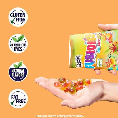 Welch's Fruit Snacks Fusions variety pack with 50 gluten-free, 0.8 oz fruit snack pouches in colorful packaging