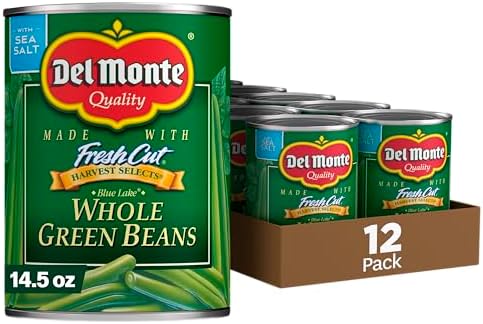 Canned green beans by Del Monte Harvest Selects, 14.5 oz, 12-pack of whole blue lake green beans in a grocery store shelf.
