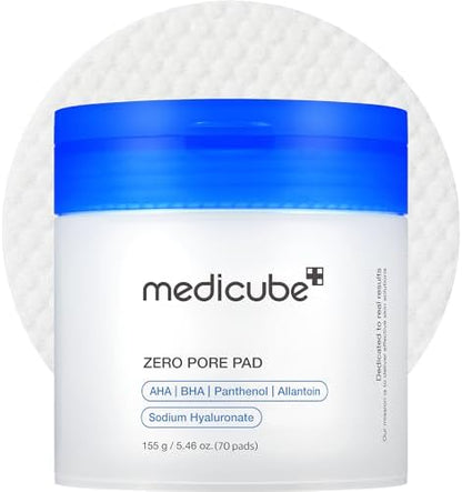Medicube Zero Pore Pad 2.0 exfoliation toner pads for pore care, shown in a close-up image with product packaging.