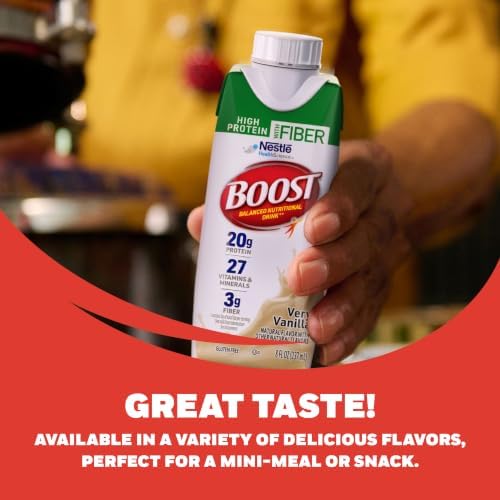 BOOST High Protein with Fiber Vanilla Nutritional Shake, 24-pack, creamy vanilla flavor in a convenient protein shake bottle