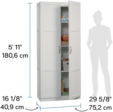Sauder Select white storage cabinet or pantry with multiple shelves, designed for organized kitchen or pantry storage.