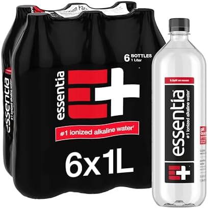 Six bottles of Essentia Water ionized alkaline water, 33.8 oz each, in clear plastic bottles with blue labels.