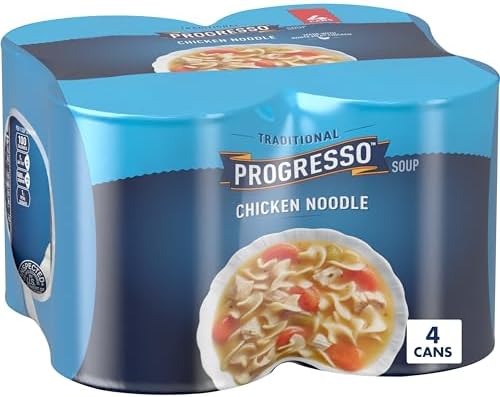 Canned Progresso Traditional Chicken Noodle Soup in four 19 oz cans, with images of chicken, noodles, and vegetables on the labels.