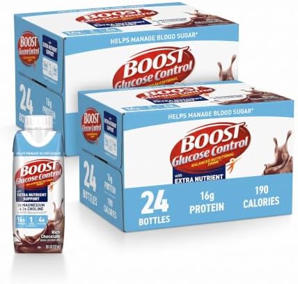 Boost Glucose Control chocolate protein drink in an 8 fl oz bottle, pack of 48, with added nutrients for blood sugar support.