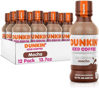 Dunkin' Mocha Iced Coffee in 13.7 fl oz bottles, pack of 12, with chocolate flavor and cold beverage appearance.