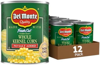 Canned Del Monte Whole Kernel Gold Corn with no salt added, 8.75-ounce can, pack of 12, golden yellow corn kernels ready to eat.