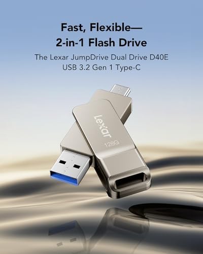 Lexar D40E 128GB dual USB 3.2 Type-C flash drive in champagne silver with sleek metal design and compact form.