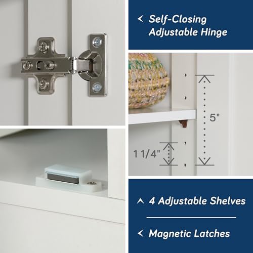 Sauder Select white storage cabinet with pantry shelves and snack chip varieties displayed inside.