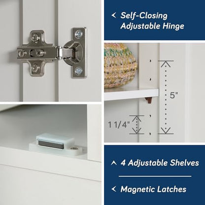 Sauder Select white storage cabinet with pantry shelves and snack chip varieties displayed inside.