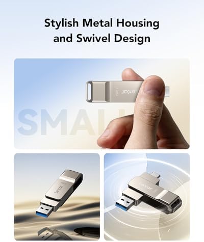 Lexar D40E 128GB dual USB 3.2 Gen 1 Type-C flash drive in champagne silver, showing sleek design and USB ports.