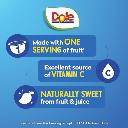 Dole diced mango fruit snack cups in 4 oz bowls, 24-pack, showing vibrant, fresh mango pieces in clear cups