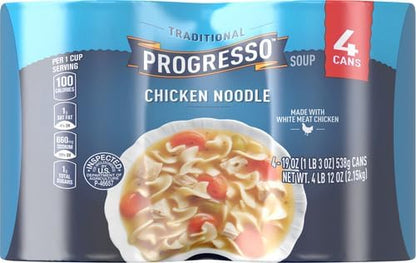 Cans of Progresso Traditional Chicken Noodle Soup in 19 oz cans, 4-pack, with labels showing chicken, noodles, and vegetables.