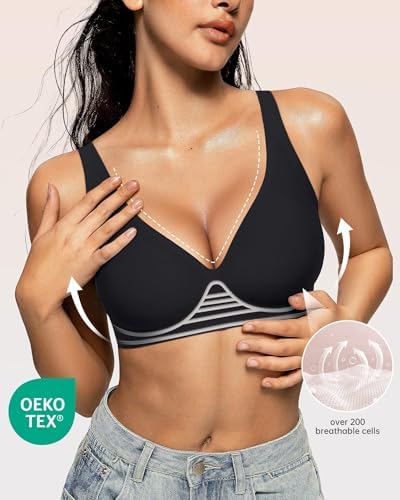 OEAK women's wireless jelly bra featuring a deep V neckline and comfortable push-up design, ideal for everyday T-shirt wear.