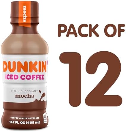 Dunkin' Mocha Iced Coffee bottle, 13.7 fl oz, pack of 12, with chocolate flavor and coffee beverage in clear plastic bottle