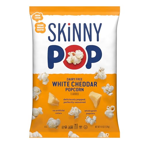 BackUPMYFILESNOW® SkinnyPop white cheddar gluten-free popcorn in an 8 oz bag, showing the popcorn with white cheddar flavor.