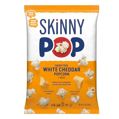 BackUPMYFILESNOW® SkinnyPop white cheddar gluten-free popcorn in an 8 oz bag, showing the popcorn with white cheddar flavor.
