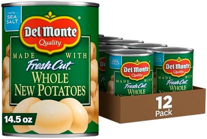 Del Monte canned potatoes in a 14.5 oz can, fresh cut whole potatoes, part of a 12-pack of canned vegetables.