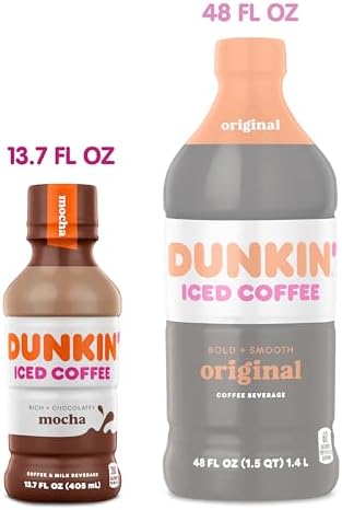 Dunkin' Mocha Iced Coffee in 13.7 fl oz bottles, pack of 12, with dark chocolate and coffee beverage visible in the image.
