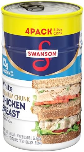 Swanson White Premium Chunk Canned Chicken in Water, 4 cans of 2.4 oz each, showing the labeled cans stacked together.