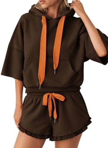 Lauweion women's 2-piece sweat set with boxy hoodie and ruffle trim shorts, casual athletic loungewear ensemble