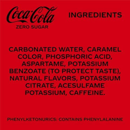 Coca-Cola Zero Sugar diet soda cans in a 12-pack, 12 fl oz each, arranged in a fridge pack with red and black branding.