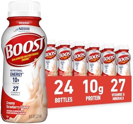 BOOST Original Nutritional Shake in strawberry flavor, ready-to-drink meal replacement bottles, 24-pack image.
