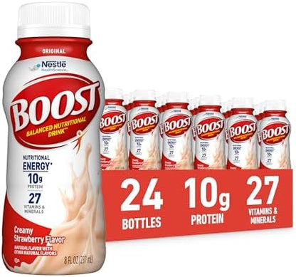 BOOST Original Nutritional Shake in strawberry flavor, ready-to-drink meal replacement bottles, 24-pack image.